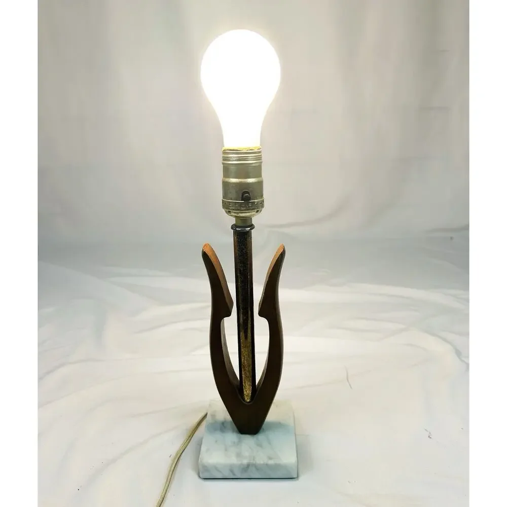 Vintage MCM Teak Tulip Marble Base Desk Lamp Table 11.75”